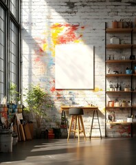 Blank white poster mockup on a colorful wall in a creative artist studio surrounded by painting supplies. 3d rendering