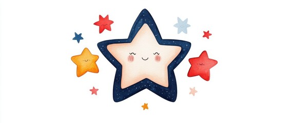 Obraz premium Cute smiling star illustration with colorful stars on a white isolated background.