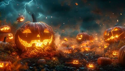 Fiery Pumpkin Patch: Halloween Sale Black Podium, a black podium rises from the earth. Surrounding it are jack-o'-lanterns with fiery, 