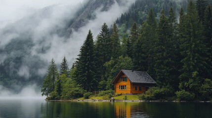 Fototapeta premium Cozy cabin by a serene lake surrounded by pine trees and misty mountains