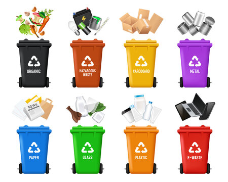 Recycling Bins. Containers for different types of garbage. Containers of different colors. Set of vector 3D illustrations