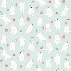 Polar bear birthday party, seamless pattern