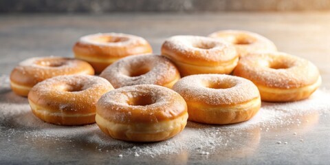 A collection of freshly baked donuts coated in powdered sugar, arranged on a sleek, gray surface with a soft glow of light. - Powered by Adobe