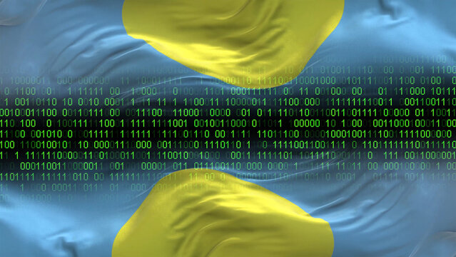 Palau flag - 3D realistic waving flag on matrix digital background with binary code