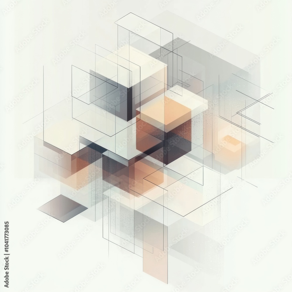 Poster An arrangement of multiple cubes in different sizes and shades, interconnected by diagonal lines on a soft, light background. Generative AI