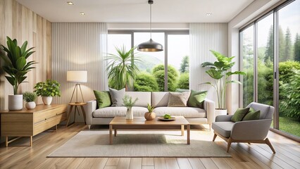 Bright Minimalist Living Room with Cozy Sofa and Lush Green Plants for Modern Interior Design Inspiration