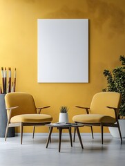 Blank white poster mockup on a colorful wall in a creative artist studio surrounded by painting supplies. 3d rendering