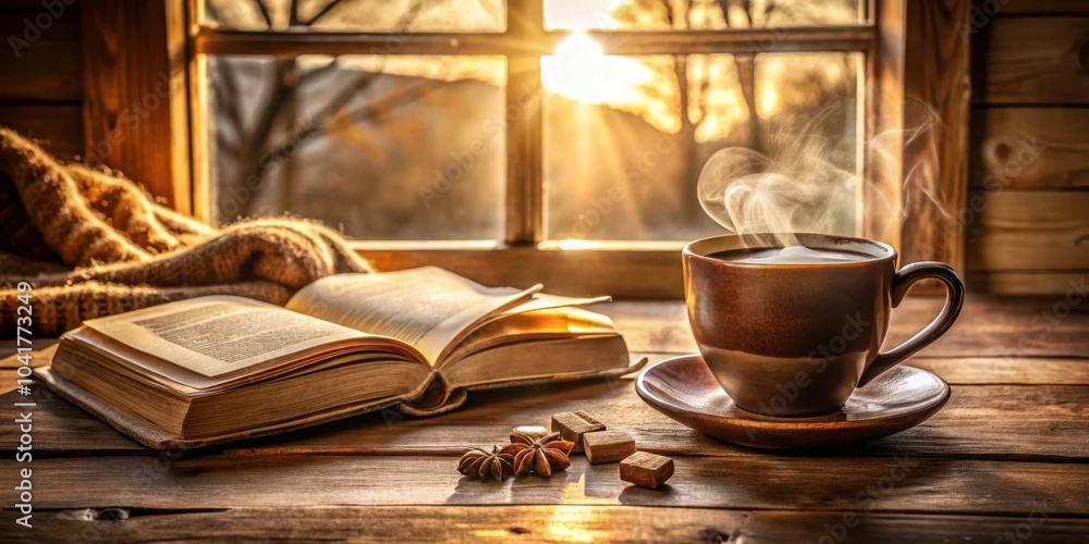 Aufkleber A steaming cup of coffee and an open book rest on a wooden surface, bathed in the warm light of the setting sun streaming through a rustic window.