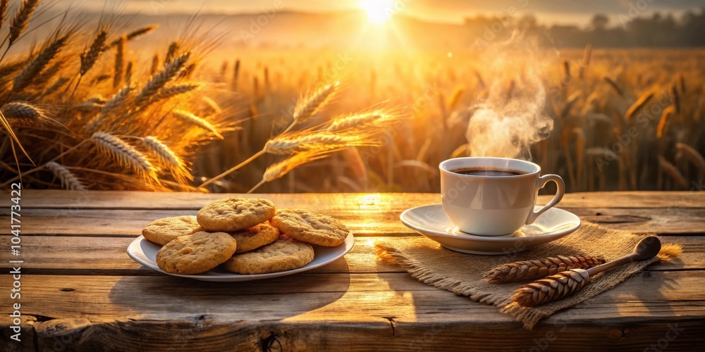 Poster a steaming cup of coffee and cookies on a wooden table with a golden wheat field and sunset in the b
