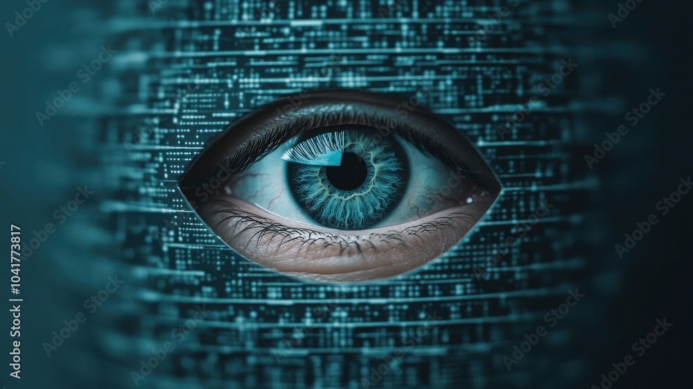 Poster futuristic eye design with digital elements representing technology and vision in a cyber world.