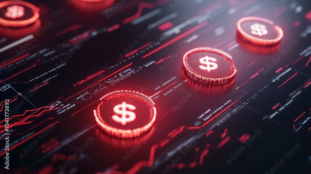 Poster futuristic digital currency concept featuring glowing dollar coins on a dark background with financi