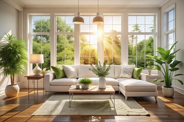 Bright White Living Room with Sofa and Natural Light Streaming Through Windows