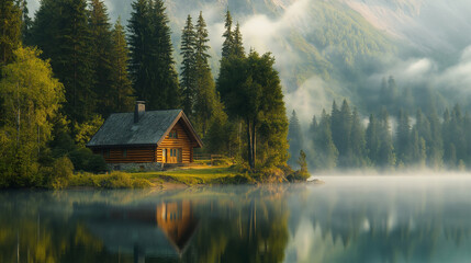Fototapeta premium Cozy cabin by a serene lake surrounded by pine trees and misty mountains