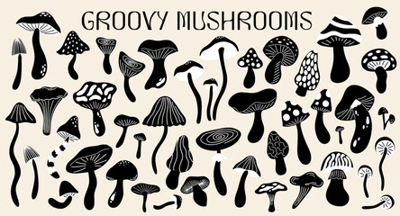 Set of various abstract monochrome mushrooms in retro cartoon groovy hippie funky style. Different types of fungi vector illustration elements for design. shrooms stickers big collection