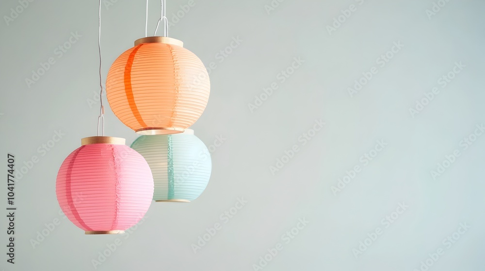 Poster minimal japanese lanterns hanging on thin strings with clean background