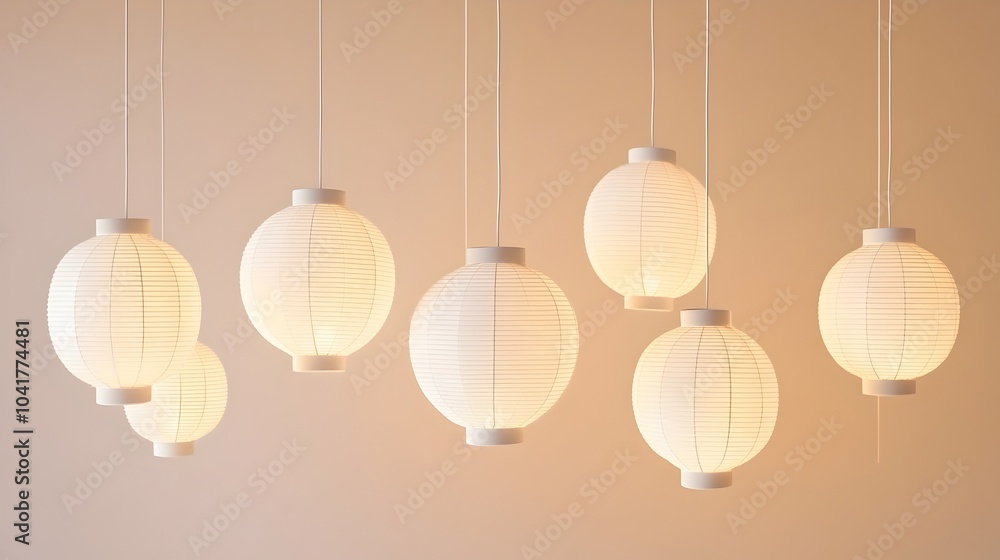 Poster minimalist japanese lanterns hanging on strings with clean background and copy space