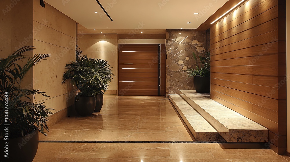 Poster elegant wall design showcasing wide horizontal wooden panels combined with intricate marble inlays c