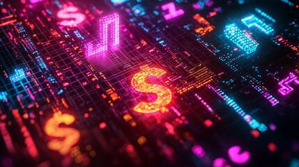 Obraz premium Neon Floating Currency Symbols on Digital Background