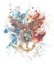 Eagle with anchor and globe in watercolor illustration