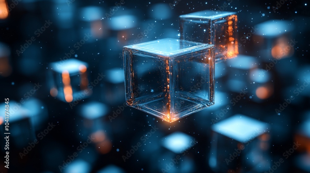 Poster Translucent cubes hover in a dark environment, radiating blue and orange light. The arrangement creates a captivating, ethereal effect that enhances the depth of the scene.