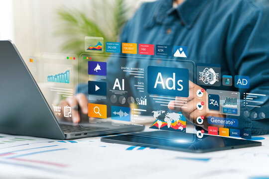 Online sales concept of digital marketing, ad, product ads, promotion of products or services through digital tools. Online advertising concept Internet advertising digital marketing Social media