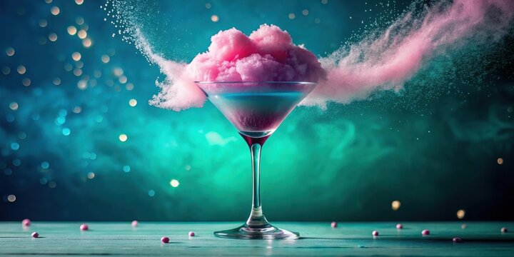 A martini glass filled with a layered cocktail topped with pink cotton candy, exploding into a burst of fluffy pink powder against a vibrant teal background.