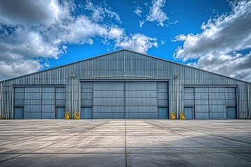 Obraz premium A large industrial warehouse with a metal exterior under a cloudy blue sky, designed for storage or manufacturing purposes.