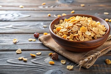 Cereal flakes in brown plate on table out of grey boards with spikelets of different types of grain
