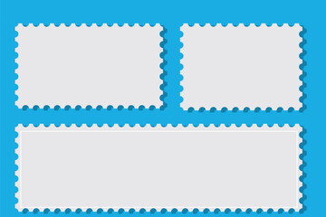 Set of blank postage stamps in vibrant colors. Jagged border postal sticker sticker template. Vector illustration.