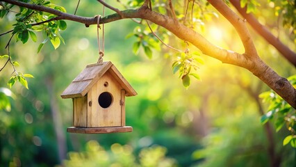 Charming birdhouse hanging from sturdy tree branch close up