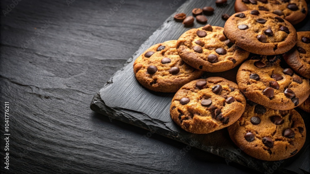 Aufkleber a close-up view of delicious chocolate chip cookies on a slate surface