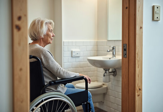 Senior woman in wheelchair in accessible bathroom at home