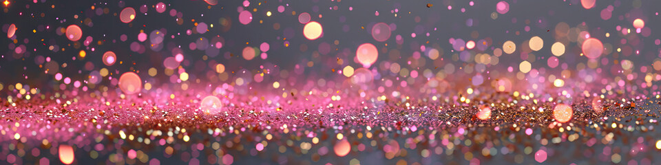 Pink and Gold Glitter: Tiny flecks of pink and gold glitter sparkle against a dark gray background, adding a touch of whimsy and elegance.