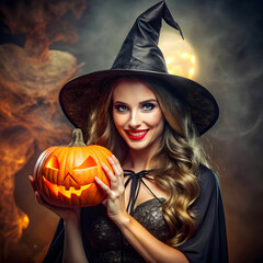 a woman dressed as a witch with a pumpkin in her h