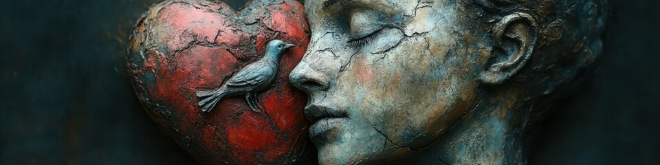 A textured sculpture of a woman with a heart and bird symbolizes emotion and nature.