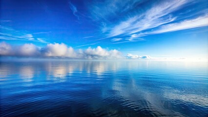 Calm seascape with blue sky, clouds, and fog over water