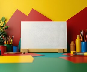 Blank white poster mockup on a colorful wall in a creative artist studio surrounded by painting supplies. 3d rendering