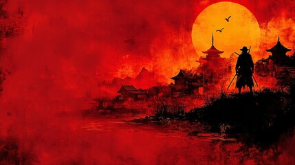 Fototapeta premium Silhouetted samurai standing against Japanese village under a large orange sun with birds flying over it