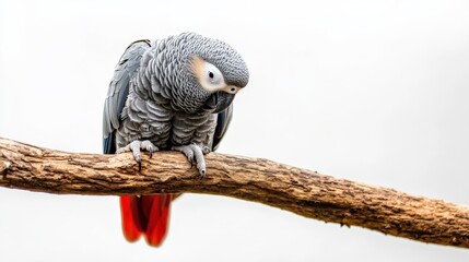 African grey parrot with striking red tail feathers, calmly perched on a branch isolated on white.