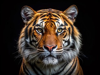 Fototapeta premium Captivating Asian Tiger Face Portrait on Black Background for Stunning Wall Art and Home Decor