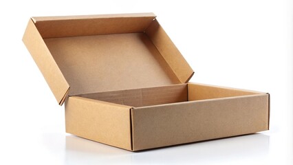 Cardboard box for parcels or gifts with raised lid isolated on white background