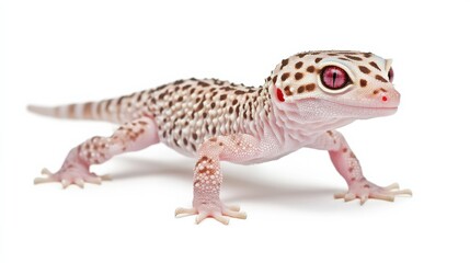 Albino leopard gecko walking slowly across the white background, showcasing its pale coloration and bright red eyes.