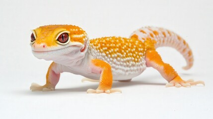 Albino leopard gecko walking slowly across the white background, showcasing its pale coloration and bright red eyes.