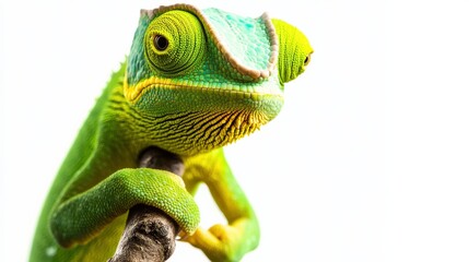 Obraz premium Beautiful veiled chameleon gripping a branch, its vibrant green and yellow colors popping against the white background.