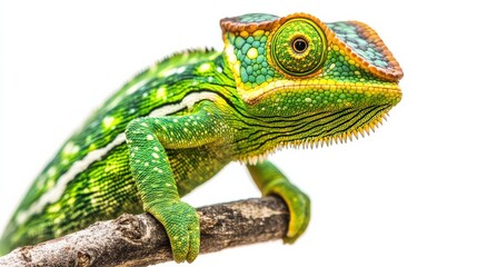 Obraz premium Beautiful veiled chameleon gripping a branch, its vibrant green and yellow colors popping against the white background.