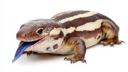 Blue-tongued skink flicking its vibrant blue tongue, posed calmly against a white background.