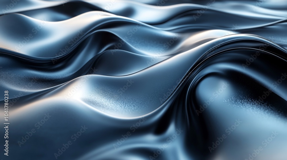Poster A flowing blue fabric exhibits smooth, wavy textures, reflecting soft light that enhances its elegance and depth. The undulating surface creates a serene and inviting atmosphere.