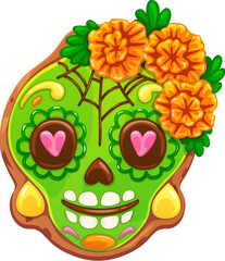 Mexico Day of Dead celebration green skull cookie. Mexican culture holiday spooky vector cookie, Day of the Dead festival or Mexico Dia de Los Muertos pastry with skull, spider web and marigold