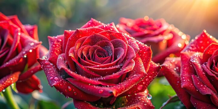 Red roses with dew drops at sunrise