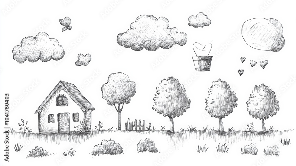 Poster this artwork features a charming collection of doodle-style sketches, including trees, clouds, and a